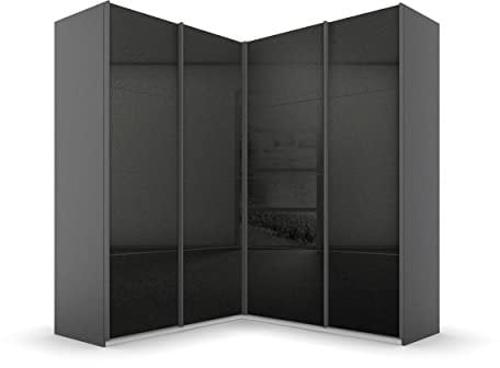 Rauch Möbel Quadra Schrank Eckschrank Schwebetürenschrank, Grau metallic/Hochglanz Effektgrau, Schwarz, 4-trg. mit Spiegel, inkl. 2 Kleiderstangen, 12 Einlegeböden, 3 Schubladen, BxHxT 181x229x187 cm