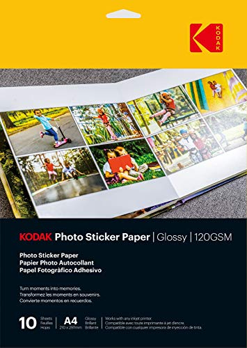 KODAK Photo Sticker Paper - Fotopapier mit Selbstklebefunktion, Glänzende Oberfläche, Pack mit 10 Blättern, Format A4 (21x29,7 cm), 120 gsm, Kompatibel mit Tintenstrahldruckern