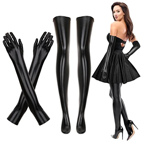 Sexy Black Elastic Spandex Shiny Long Gloves and Black Thigh High Stockings ,Women's Costume Set Prom Long Patent Leather Gloves for Christmas Party Halloween Party 1920s Style for Women