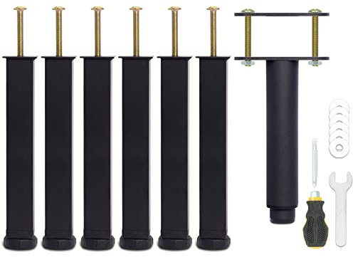 Pied de Lit 22 cm à Visser, Pied Sommier à Lattes Universel, Reglable en Hauteur, Metal, Carré + Rond, Boulons M8, pour le Cadre Métallique d’un Sommier Adulte, Noir, Lot de 7 (6 Latéraux + 1 Central)