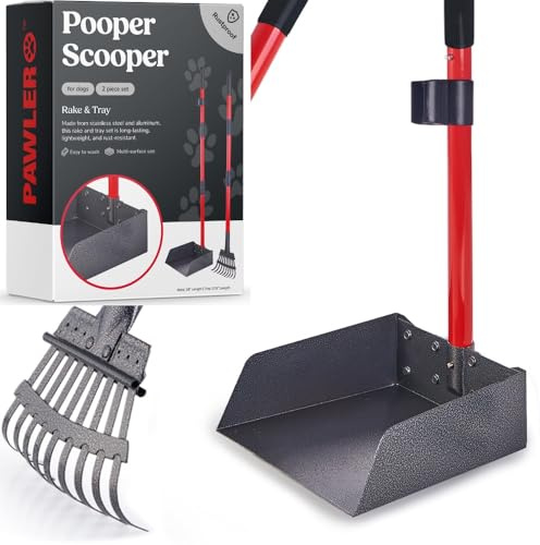 Pawler Pooper Scooper for Dogs with Long Handle Rake & Tray, Heavy Duty