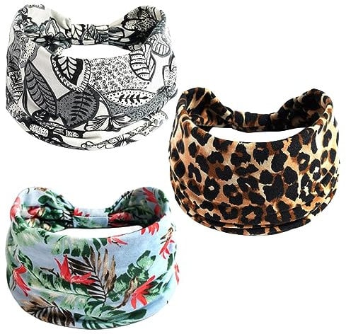 scicent Leopard Print Headband 3 Pieces Boho Wide Head Band Floral Flower Leopard Stripe Printed Head Scarfs Wraps Elastic Sport Yoga Hairbands - 4155