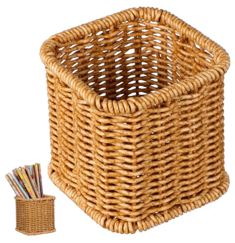 Didiseaon Aufbewahrungsbox für Stiftehalter aus Rattanimitat Geschirr-Organizer Rattanvase Schreibtisch-Organizer Mülleimer Besteck Stifthalter Tischorganisator Veranstalter