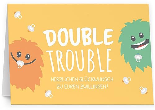 XXL Glückwunschkarte Zwillinge Witzige Monster Double Trouble (A4) zur Geburt hochwertige Klappkarte | Große Design Maxi Karte Grußkarte Glückwunsch mit Umschlag Zwilling