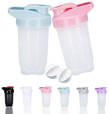 GAISHION Lot de 2 gobelets shaker protéinés et bouteille shaker de 300 ml avec boules fouet, sans plastique BPA (bleu + rose)