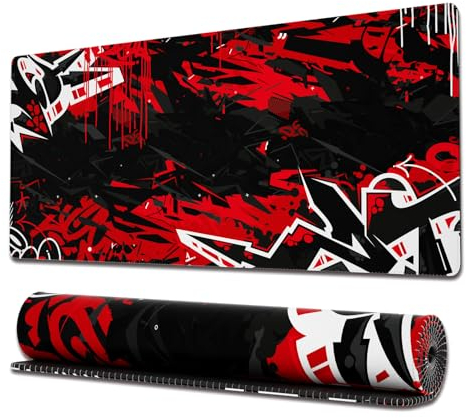 Ovenbird Tapis de Souris de Jeu avec Bords Cousus - Tapis de Souris Abstrait Graffiti Abstrait - XL - avec Base antidérapante - Grand Tapis de Souris Cool pour Bureau - 80 x 30 cm - Noir