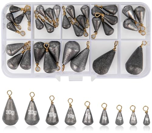 DINGBLUE 33 Pcs Fishing Weights, Mixed 9 Sizes Deep Sea Fishing Weights 2g 3g 4g 5g 7g 10g 15g 20g 30g Iron Fishing Sinkers Tackle Kit with Swivel for River Saltwater Freshwater