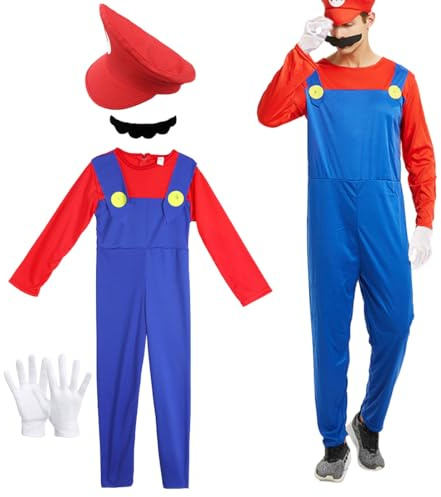 Capaneus Kostüm Super Brothers Klempner, Super Klempner Kostüm für Erwachsene Cosplay Outfit mit Rot Mütze, Handschuhen und Schnurrbart für Karneval Halloween Faschingskostüme Herren Damen