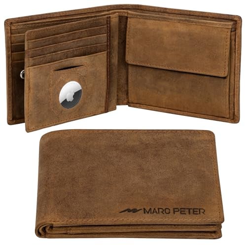 Marc Peter® Florida AirTag Wallet mit Münzfach und RFID-Schutz | AirTag Geldbeutel | Apple Airtag Portemonnaie | Vintage Bräune Geldbörse