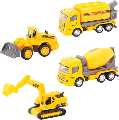 Toyland® Pack of 4 Miniature Construction Vehicles - Cement Mixer, Sprinkler, Digger & Bull Dozer - Construction Toys