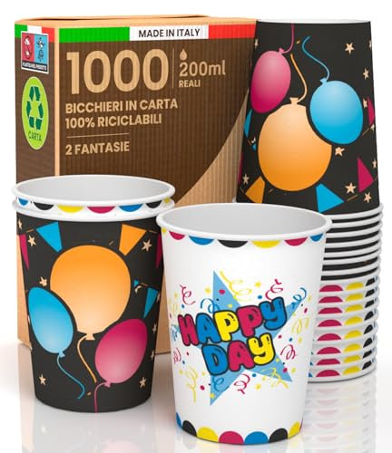 1000 Bicchieri in Carta 200ml Biodegradabili Ecologici Monouso Made in Italy MIX di Fantasie BLACK PARTY + HAPPY DAY Asporto Bevande Calde Acqua - Prodotto e Confezionato in Italia