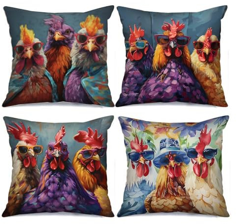 Tucocoo Kissenbezüge mit Huhn mit Brille, bunt, dekorativ, 45,7 x 45,7 cm, moderner Stil, Kunst-Kissenbezüge, Bauernhoftiere, für Couch, Sofa, Wohnzimmer, Bauernhof, Geschenk, 4 Stück