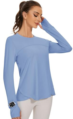 IECCP Camicetta sportiva da donna, a maniche lunghe, UPF 50+, protezione dai raggi UV, maglietta a maniche lunghe, vestibilità sottile, con foro per il pollice, rashguards, Nocciola, L