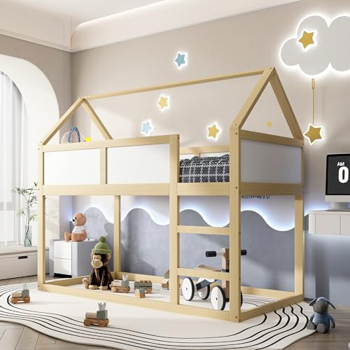 LATICO Kinderbett 90x200 Etagenbett Hausbett Hochbett mit Leiter, Niedriges Etagen-Einzelbett, Holzbett Bettgestell Kinderbett mit Rausfallschutz und Lattenrost, Holzrahmen, Ohne Matratze (Holzfarbe)