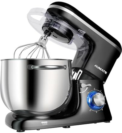 Aumate Robot Pâtissier, Robot de Cuisine Professionnel 1400 W 8 L, Robot Pétrin avec Fouet, Batteur et Crochet Pétrisseur, 6+P Vitesses (Noir)