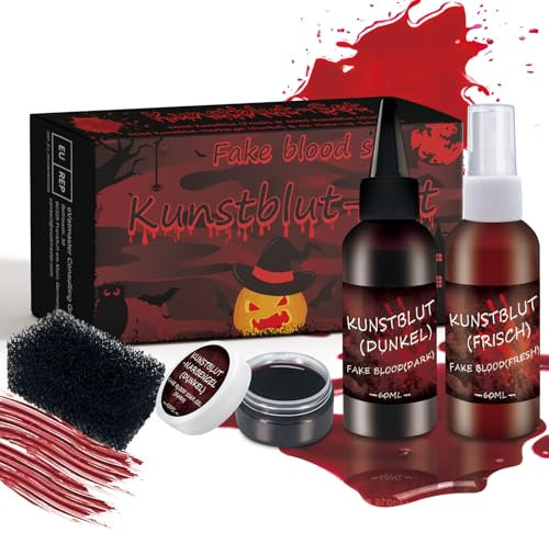 DADAPANGHU Kunstblut Halloween Schminke Set 4PCS: 60ml Kunstblut Spray + 60ml Tropfendes + 40ml Geronnenes Blutplasma + 1 Stipple Schwamm, Fake Blood, Halloween Blut Make Up