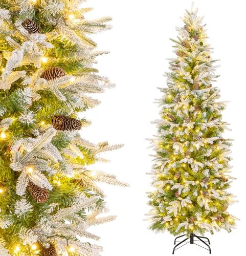 RELAX4LIFE Weihnachtsbaum Künstlich mit Schnee, Tannenbaum mit 280 warmweiße LEDs & 60 Tannenzapfen, Christbaum mit 671 Zweigspitzen, Bleistift Weihnachtsbaum 190 cm, Schnellaufbau Klappsystem