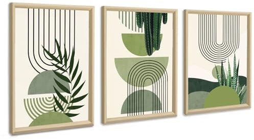 3 Pcs En bois Cadre Moderne Esthétique Vert Plante Tableau Décoration Murale Salon Impression sur Toile Boho Image sur Toile Peintures sur Toile Décoration Murale pour Chambre Maison Bain 30x40cmx3
