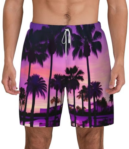 Short de bain pour homme avec doublure de compression et motif palmiers violets - Séchage rapide, blanc, Small