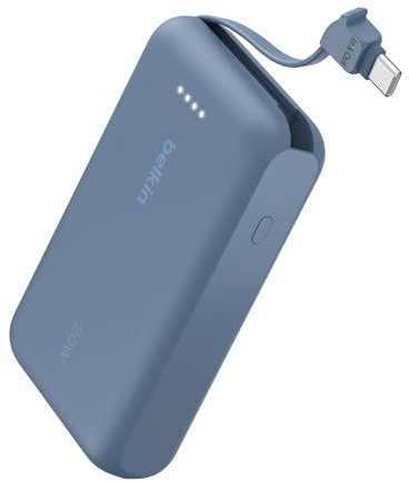 Belkin Portable Charger, Portable Power Bank with Integrated Cable 10K PD 20W - Fast Charge USB-C Power Delivery, iPhone Charger - iPhone 16 Series, iPad Pro, Galaxy S25, & More - Blue