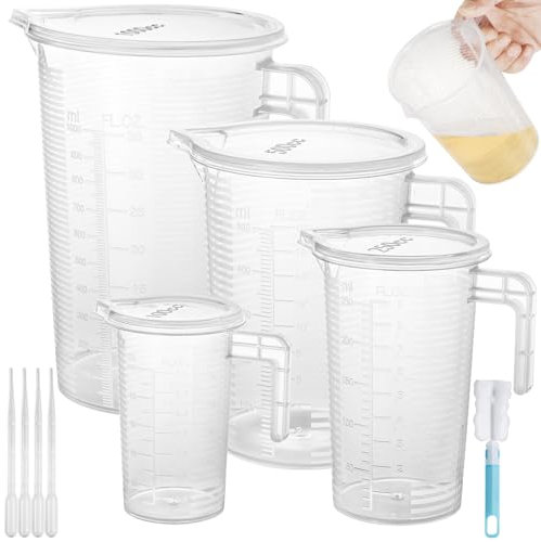 Realure 4 Pezzi Misurino in Plastica Riutilizzabili Set, 100ml 250ml 500ml 1000ml Misurino Graduati con Pipetta Coperchio Spazzole, Misurino di Precisione con Bilancia, Misurino Dosatore per Cucina