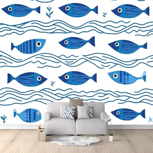 Vlies Fototapete 3D Effekt Handbemalter Fisch Mit Ozeanmotiv Vliestapete - Wandtapete Für Wohnzimmer Schlafzimmer Büro Flur Tapete Kinderzimmer Jungen Mädchen Wandtapete 400 x 280 cm