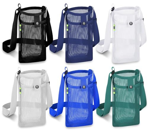 TCSYLSC 6Pcs Water Bottle Holder with Strap, Mesh Water Bottle Bag Carrier with Adjustable Shoulder, Water Bottle Carrier with Strap and Pouch for Walking and Travelling