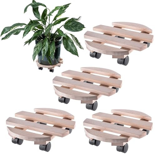 KADAX Pflanzenroller mit drehbaren Rollen, 29.5 cm, Blumenroller für den flexiblen Transport von Pflanzen und Blumentöpfen, Rollbrett aus Holz (Rund, 4 Stück)