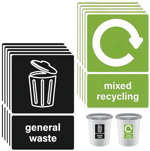 10 Pcs Recycling Bin Stickers 120mm×160mm Self Adhesive PVC Waterproof General Waste Decals Removable Mixed Recycling Signs for Outdoor Indoor Kitchen Restaurant Office Hotel