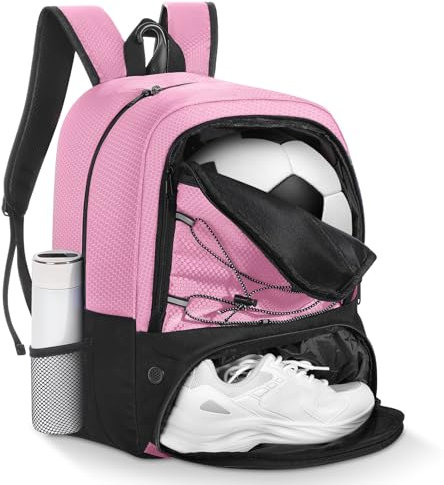 MoKo Soccer Bag Backpack, Basketball Backpack for Men & Women with Separate Ball and Shoes Compartments, Water-Resistant, Fence Hook, Sports Equipment Bag for Clothes, Shoes, Tablets, Laptops, Pink