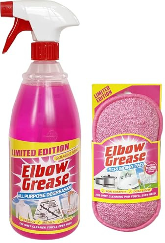 UKDeals Direct® Elbow Grease Pink All Purpose Degreaser Spray Extra Large 1ltr Removes Grease & Oil from Kitchen & Bathroom Surfaces, Fabrics with Dual Sided Non-Scratch Sponge