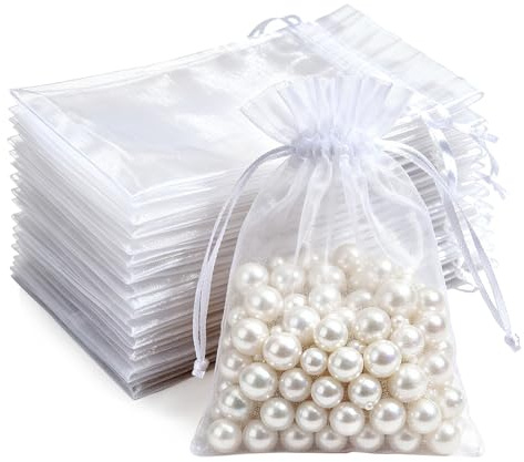 100 PCS White Organza Gift Bags, 10 x 15 cm Clear Mesh Pouches, Jewellery Bags, Candy Mesh Pouches for Wedding Favours, Christmas, Birthday, Anniversary, Party Supplies