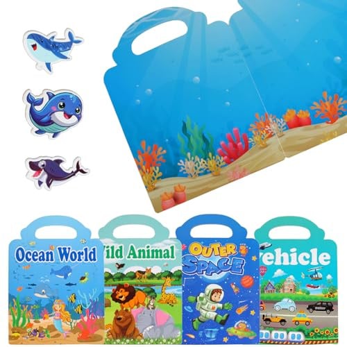 4 Stück 3D Stickerbuch Kinder，Wiederverwendbare Sticker Book mit Tiere, Transport, Weltraum, Ozean Szenen，Puffy Reise Aufkleber Buch ab 2 3 4 Jahre Jungen, Mädchen Spielzeug, Geburtstag Party Zubehör