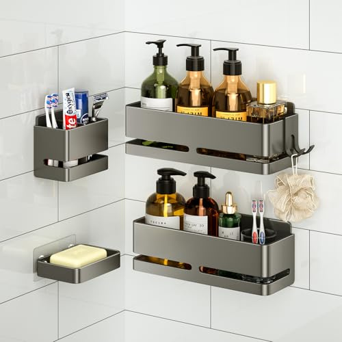 YESENT Badezimmer Aufbewahrungsregal 5er-Set, Grau duschkorb,ohne Bohren | Zwei Badezimmerregale, ein Zahnbürstenhalter und eine Seifenschale; multifunktionale Aufbewahrung; wasserfest und rostfrei.