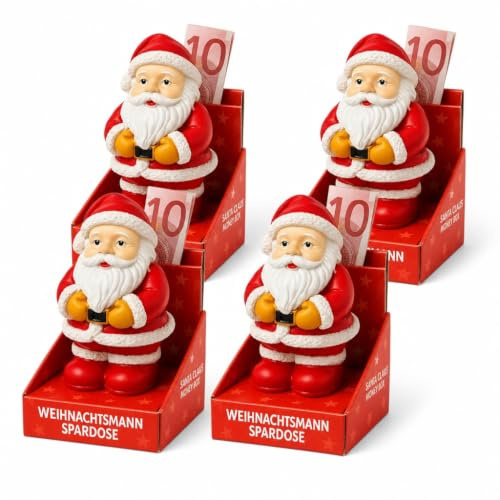 MIJOMA 4er Set Weihnachtsmann Geldgeschenk-Verpackung – Mini-Spardose handbemalt 6,5 cm – originelle Geschenkidee zu Weihnachten
