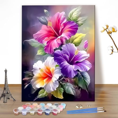 MEIYUDA Peinture par Numero Adulte Fleurs Kit, Pinceaux Peinture de Dessin, Loisirs Créatifs Adultes Kit Decoration Maison Cadeau 40x50cm(sans Cadre)