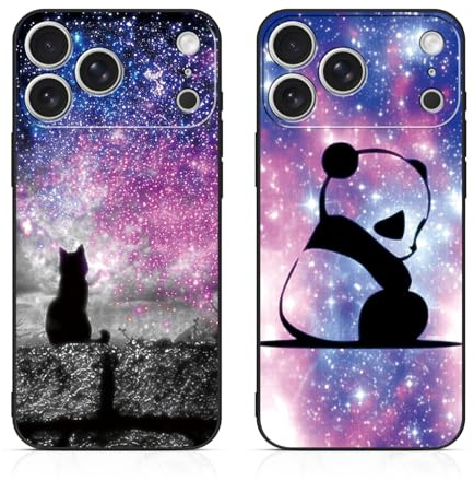 DiaryTown 2 Stück iPhone 17 Pro Max Hülle Tier Muster Motiv Handyhülle für iPhone 17 Pro Max Weich TPU Silikon Schwarz Case Kratzfest Stoßfeste Schutzhülle Ultra Dünn Cover - Stern Katze & Panda