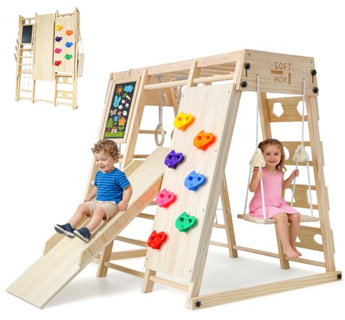 SOFTHOM Maxi Klettergerüst Indoor Klappbar, Spielplatz Kinder ab 1 Jahr | Montessori Kletterausrüstung mit Tafel, Rutsche, Schaukel, Kletterdreieck, Kletternetz, Kletterwand, Natur Holz Kinderzimmer
