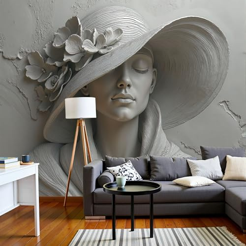 JEDTAKCT Papier Peint Motif Chapeau Relief Féminin Statue Moderne En Plâtre, Papier Peint Panoramique Tableaux Photo Muraux Beige Utilisé Pour Chambre, Salon, Fond Tv Décoration Murale 350X256Cm