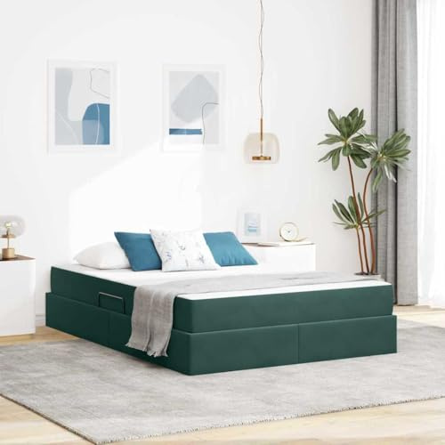 sephironlbb Dark Green Velvet Storage Bed 140 x 200 cm with Mattress, Gas Lift, Metal Frame, Double Bed for Bedroom, Space Saving