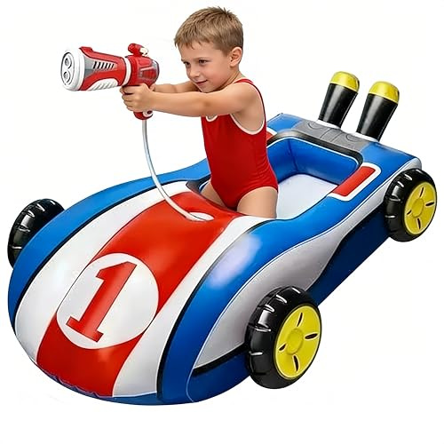 Aufblasbares Auto Schwimmring Kinder mit Wasserpistole, Verdickter Schwimmsitz Pool Spielzeug für Junge Mädchen, Kippsicheres Wasserspielzeug Kinderboot für Sommer Strande, 105x85cm
