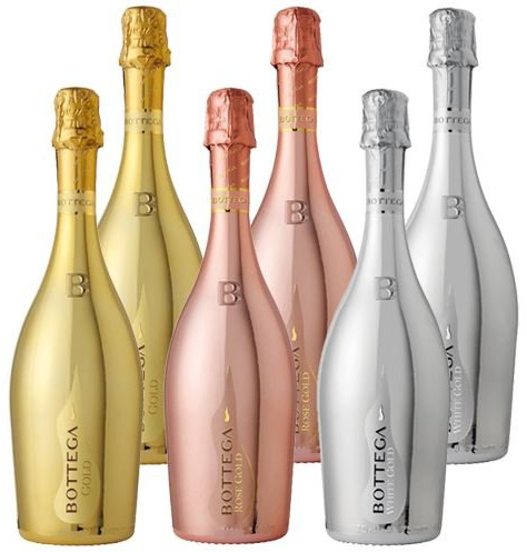 Bottega Sparkling Wine Collection of Gold, Rose and White Gold 6 x 75cl