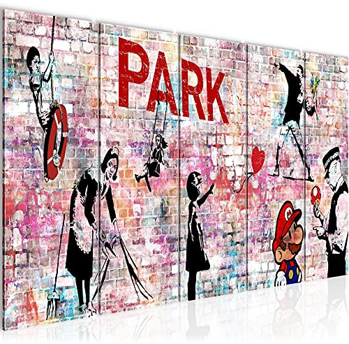 Runa Art Wandbild XXL Banksy Collage Loft Wohnzimmer 200 x 80 cm Bunt 5 Teilig - Made in Germany - 013255c