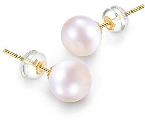 Esberry Boucles d'oreilles à tige en or 14 carats avec perles blanches de culture d'eau douce rondes sélectionnées à la main pour femmes et filles, Plaqué or 14 carats, Perle