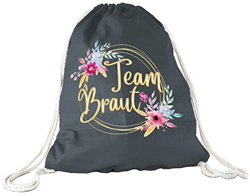 Tassendruck Stoffbeutel - Team Braut Blumenkranz - Junggesellinnenabschied/JGA/Party/Spaß/Rucksack/Turnbeutel/Gym-Bag - Grau 1 Stück