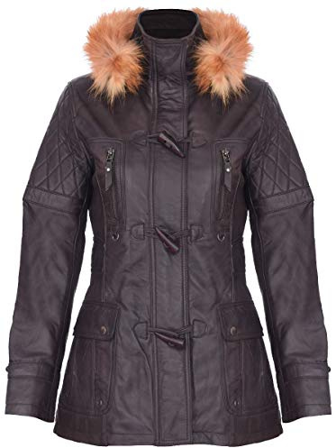 Women's Brown Quilted Leather Parka Jacket with Detachable Hood 4XL