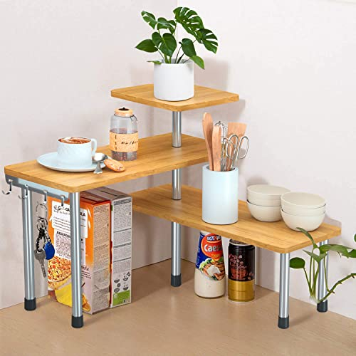 Countertop Organizer, 3-Tier Spice Racks, Kitchen Counter Corner Shelf, Desktop Bamboo Rack with Hooks for Kitchen, Bathroom, Cabinet, Table, Coffee Bar (Natural)