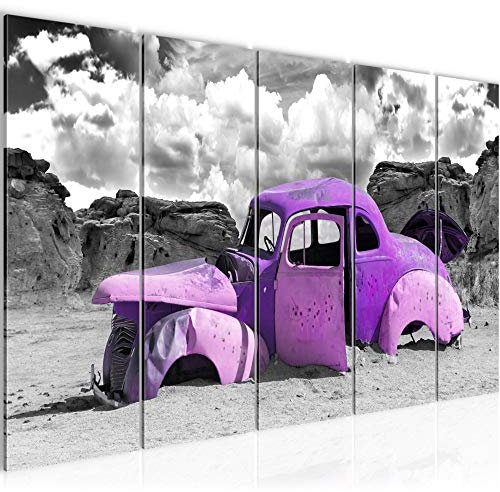 Runa Art Wandbild XXL Auto Oldtimer Wohnzimmer 200 x 80 cm Grau Lila 5 Teilig - Made in Germany - 011255a