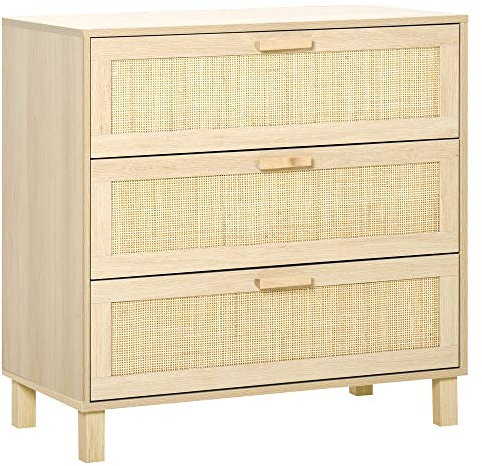 HOMCOM Rattan Bedroom Chest of Drawers, 3 Drawers Storage Unit, Boho Dresser for Living Room, Hallway, Natural
