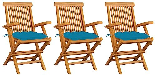 vidaXL 3X Teak Massiv Gartenstuhl mit Hellblauen Kissen Armlehnen Klappbar Gartenstühle Klappstuhl Klappstühle Stuhl Stühle Holzstuhl Gartenmöbel